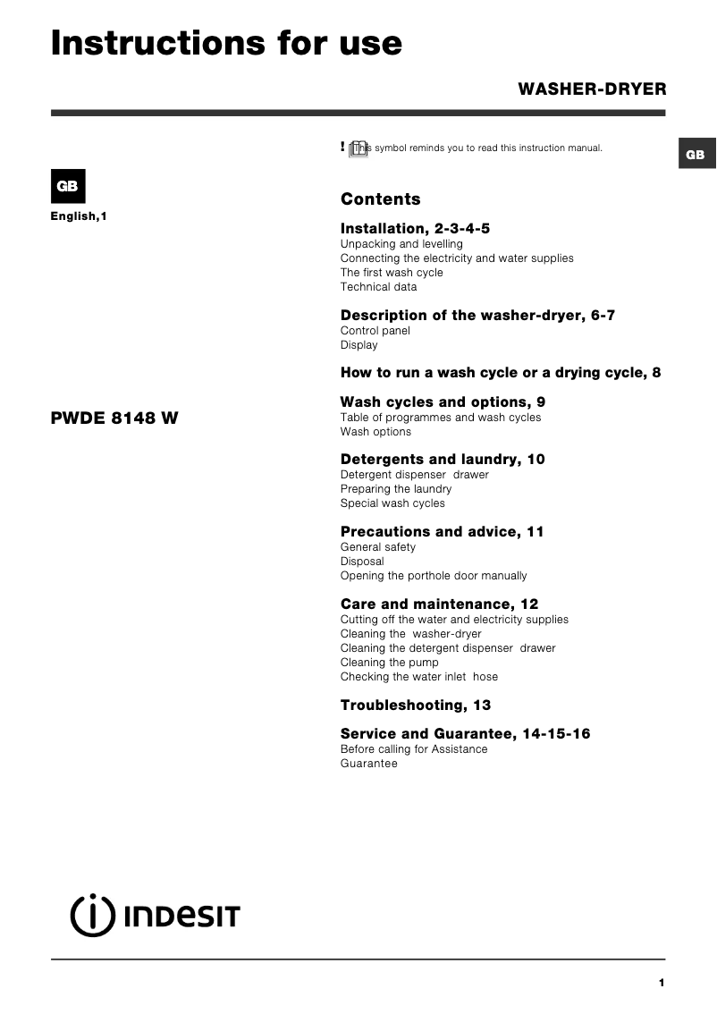 Page 1 of the manual User Manual Indesit PWDE 8148 S (UK)