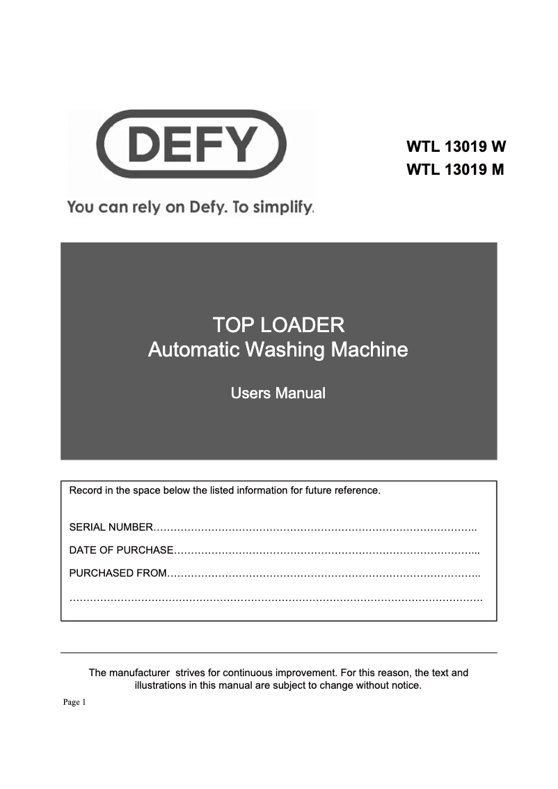 Page 1 of the manual User Manual Defy WTL 13019 W