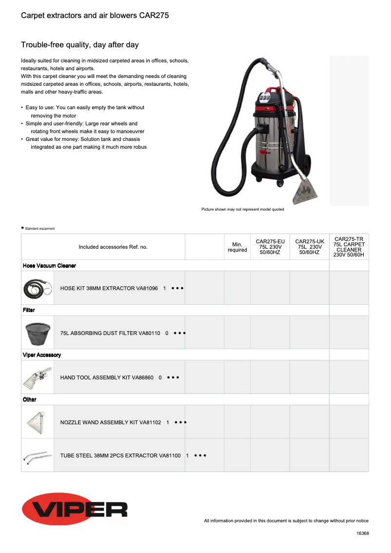 Page 1 of the manual Technical Sheet Nilfisk Viper CAR275