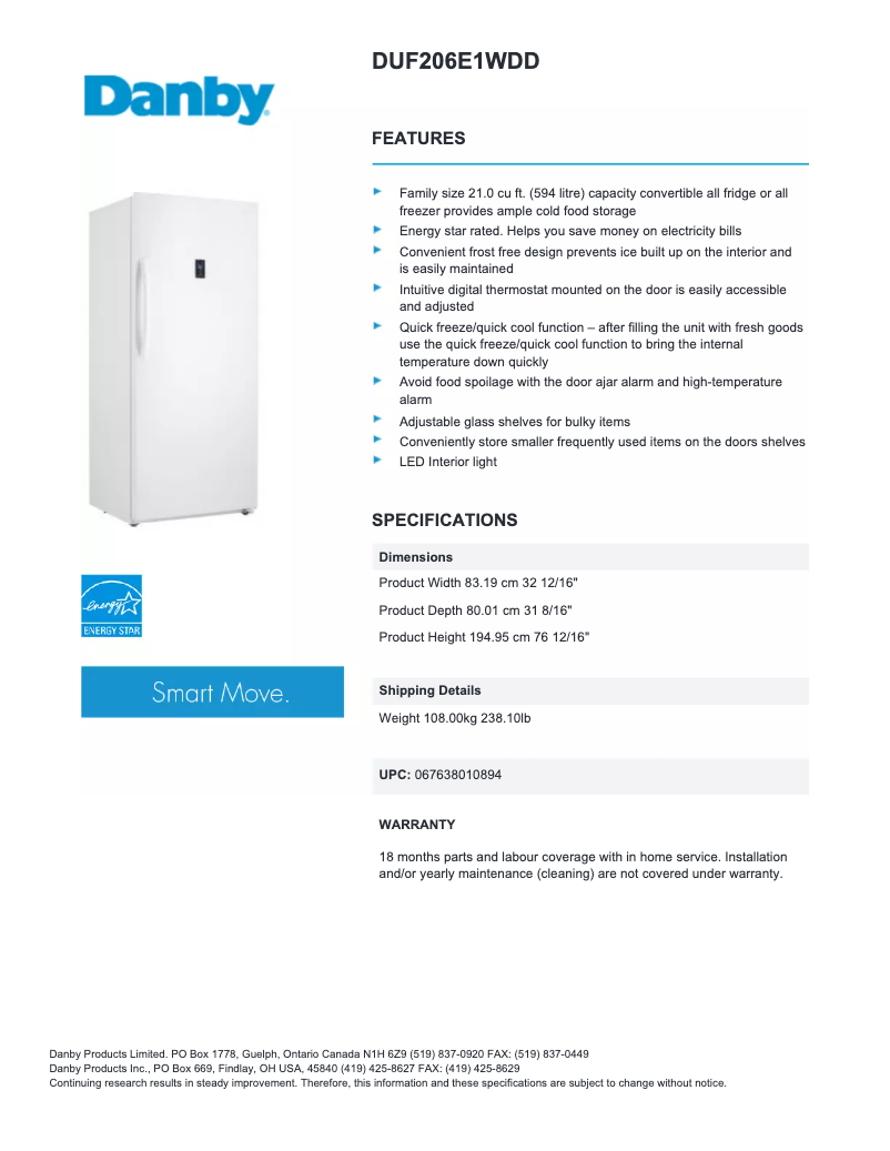 Page 1 of the manual Technical Sheet Danby DUF206E1