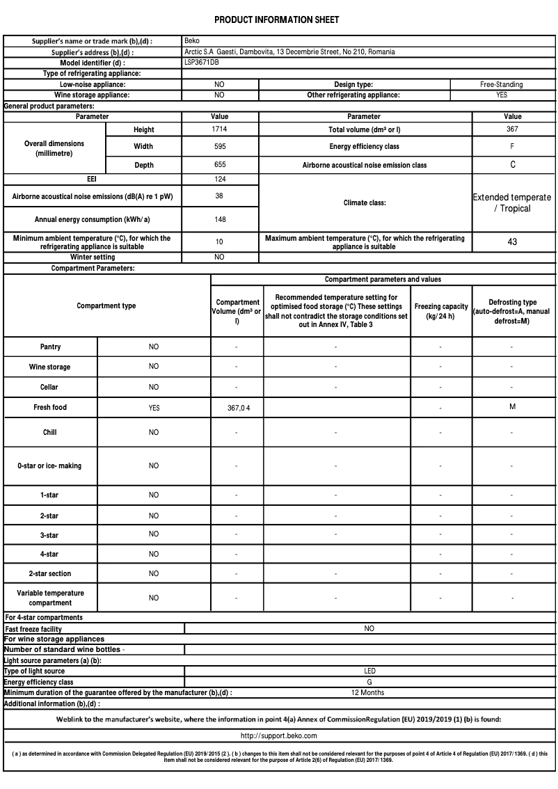 Page 1 of the manual Technical Sheet Beko LSP3671DB