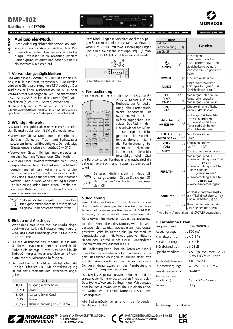 First page image of the manual for DMP-102