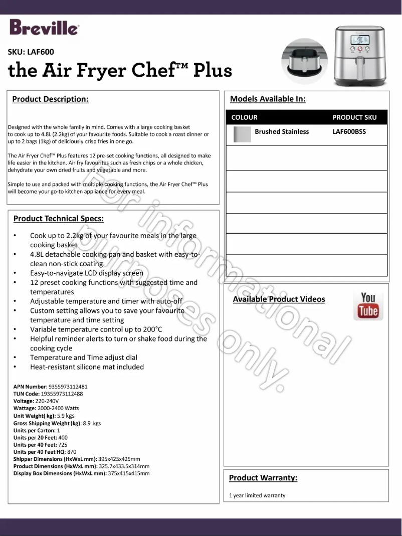 Page 1 of the manual Technical Sheet Breville the Air Fryer Chef Plus LAF600