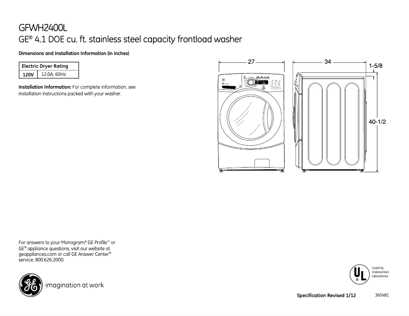 Page 1 of the manual Technical Sheet GE GFWH2400LWW