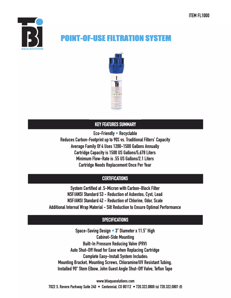 Page 1 of the manual Technical Sheet BTI Aqua-Solutions FLC1000