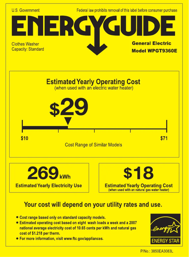 Page 1 of the manual Energy Label GE Profile Harmony WPGT9360EPL