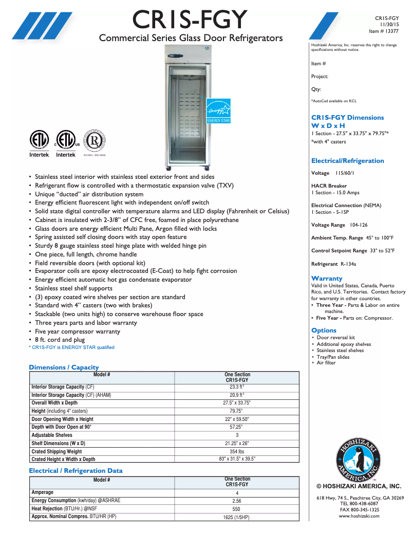 Page 1 of the manual Technical Sheet Hoshizaki Commercial CR1S-FGY