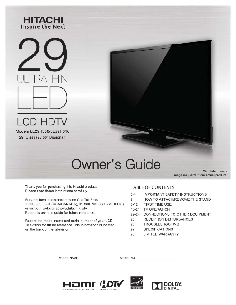Page 1 of the manual User Manual Hitachi LE29H306