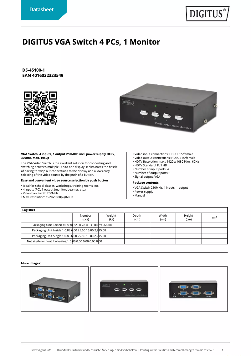 Page 1 of the manual Technical Sheet Digitus DS-45100-1