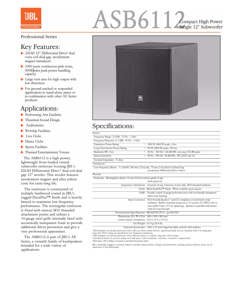 Page 1 of the manual Technical Sheet JBL ASB6112