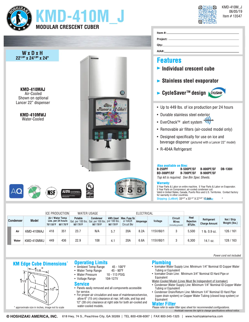 Page 1 of the manual Technical Sheet Hoshizaki KMD-410MAH