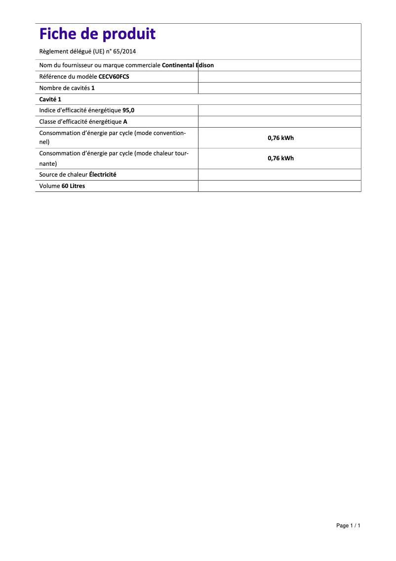Page 1 de la notice Label énergétique Continental Edison CECV60FCB