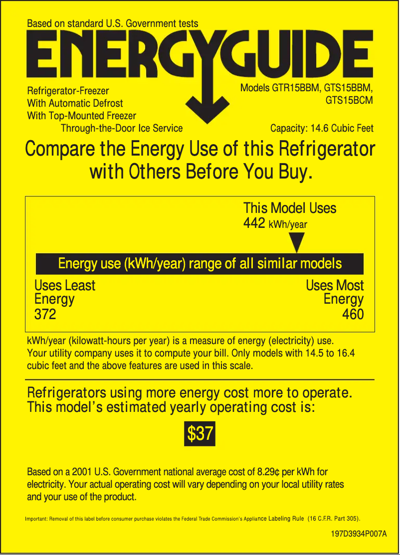 Page 1 of the manual Energy Label GE GTR15BBMLWW