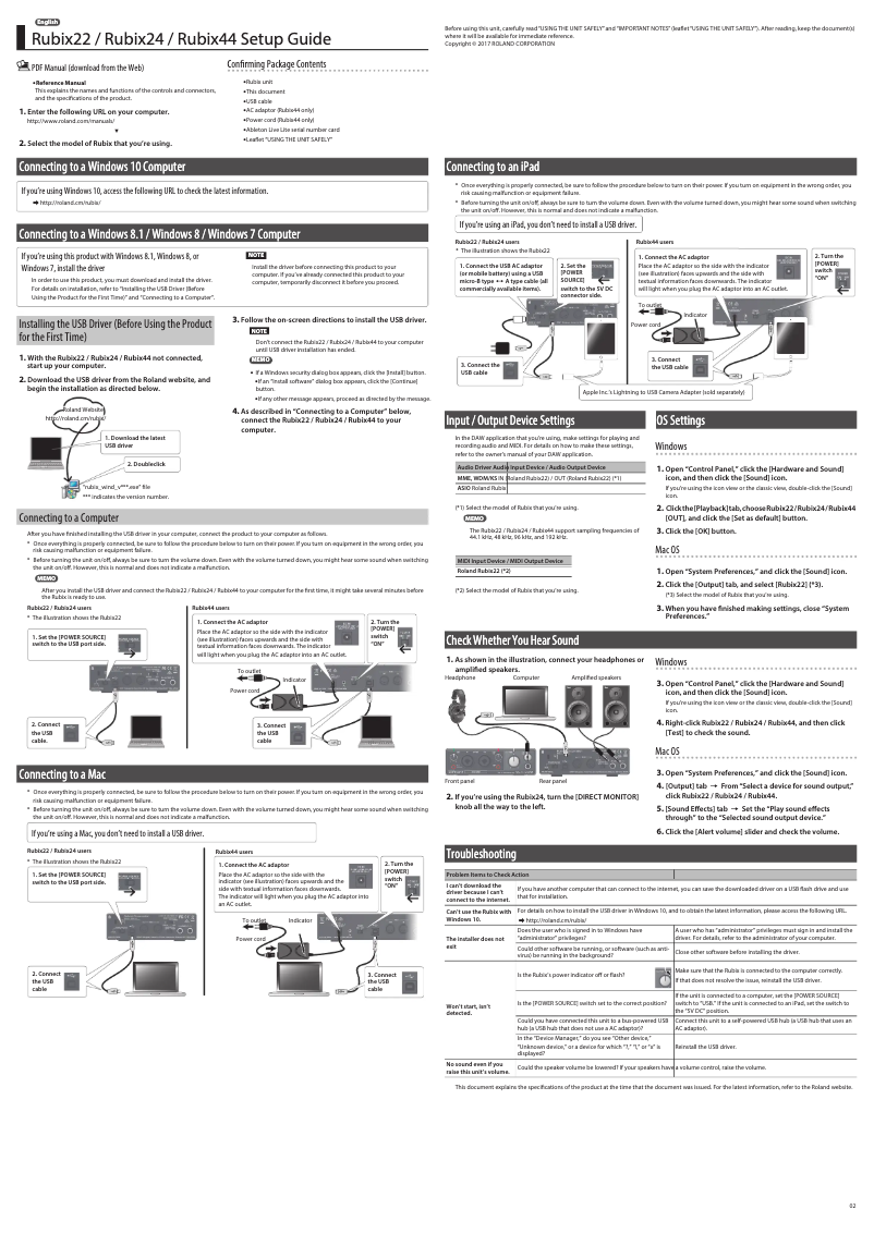 Page 1 of the manual Quick Start Guide Roland RUBIX22