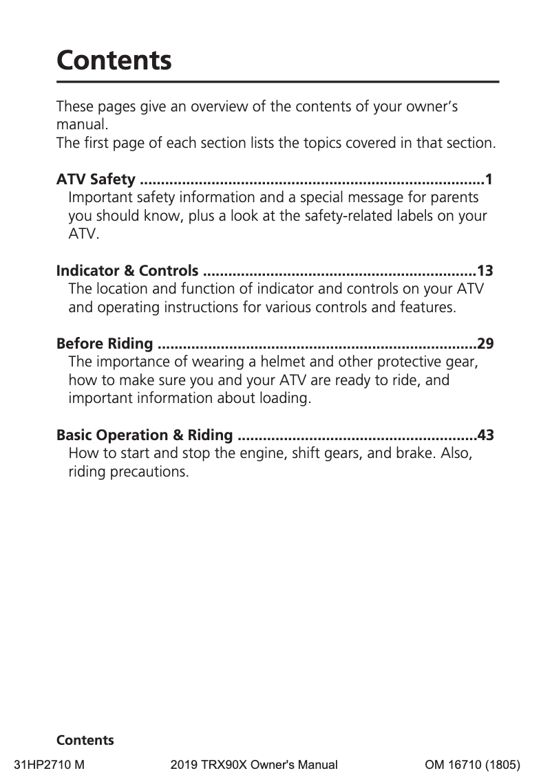 Page 1 of the manual User Manual Honda TRX90X (2019)