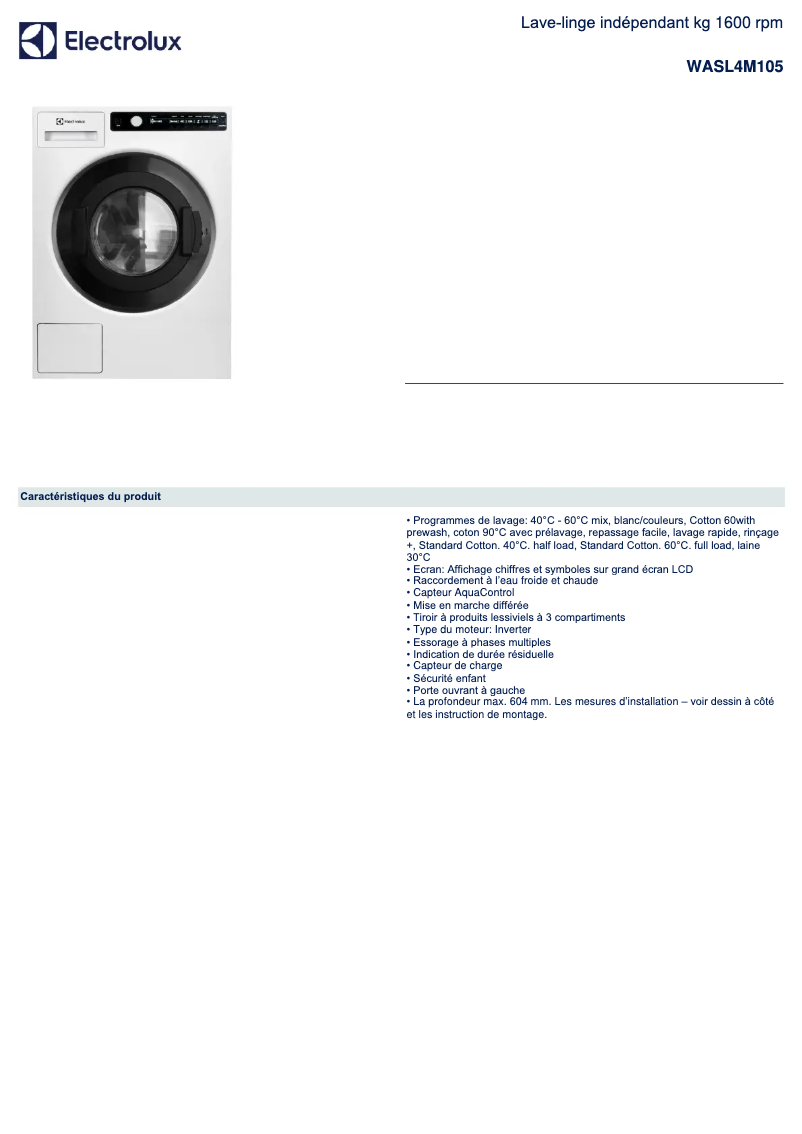 Page 1 of the manual Technical Sheet Electrolux WASL4M105