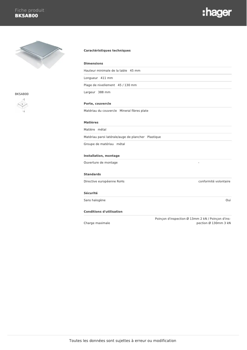 Page 1 of the manual Technical Sheet Hager BKSAB00