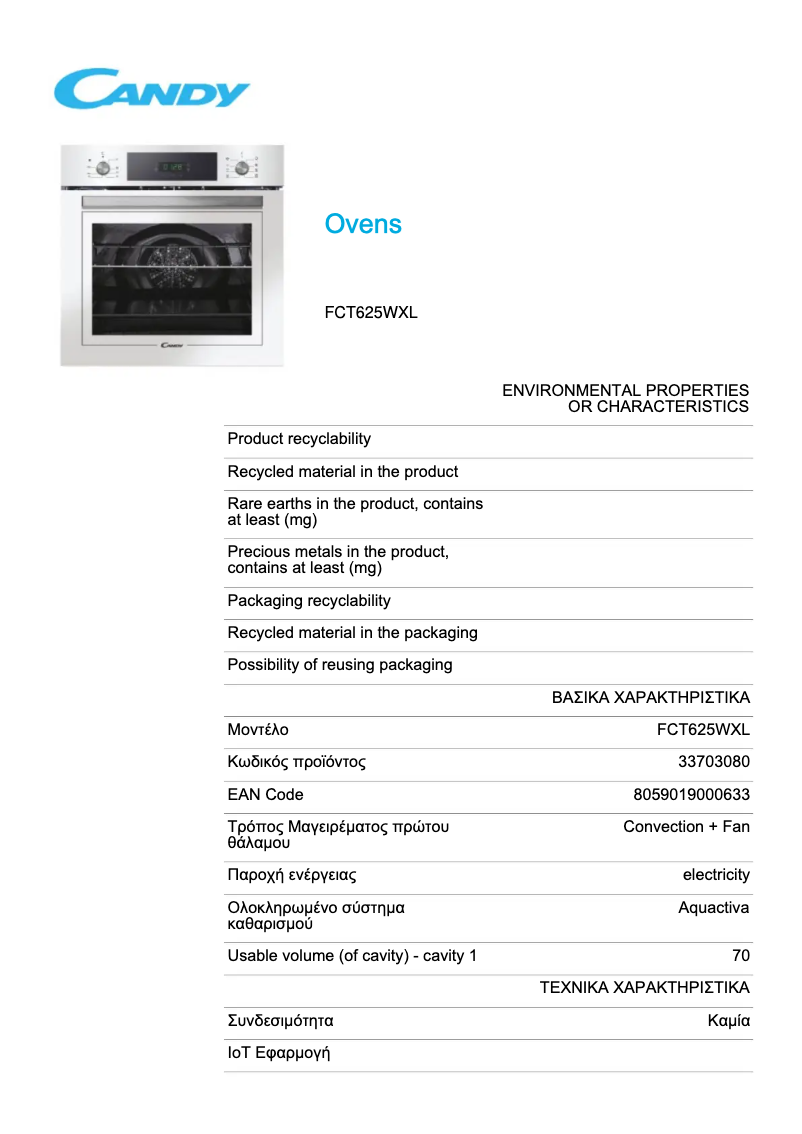 First page image of the manual for FCT625WXL