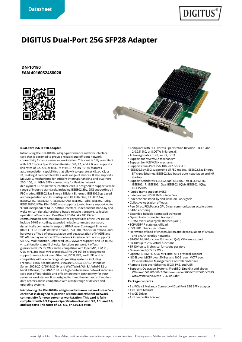 Page 1 of the manual Technical Sheet Digitus DN-10180