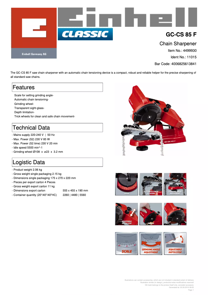 Page 1 of the manual Technical Sheet Einhell GC-CS 85 F