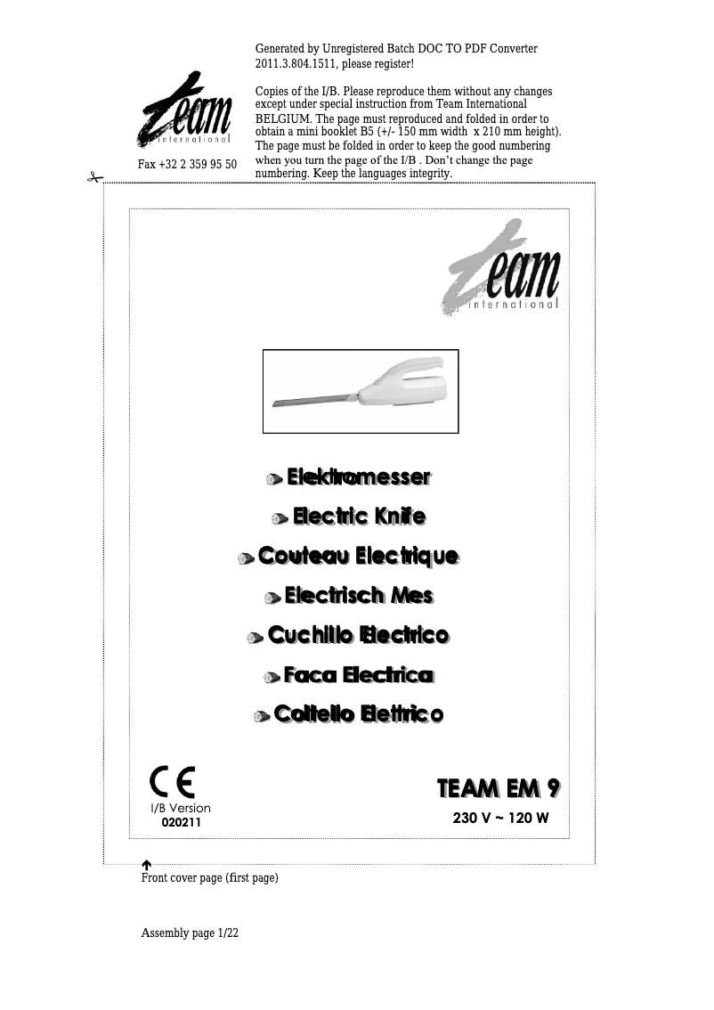 Page 1 of the manual User Manual Team EM 9