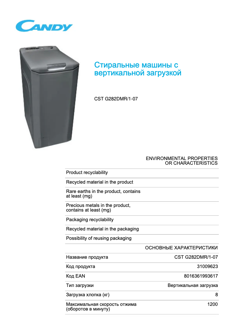 Page 1 of the manual Technical Sheet Candy CST G282DMR/1-07