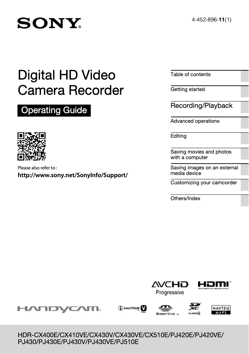 First page image of the manual for Handycam HDR-PJ430V