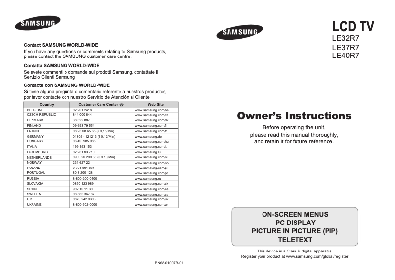 First page image of the manual for LE37R74BD