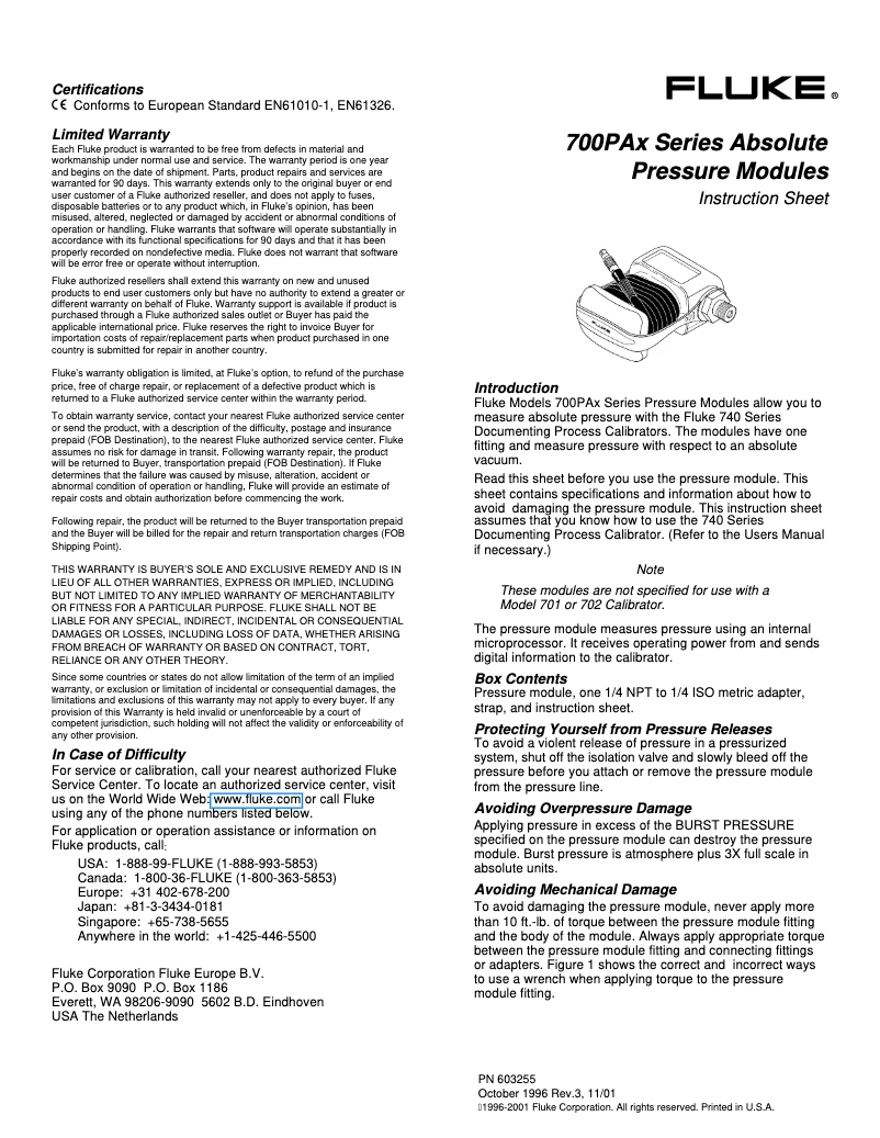 Page 1 of the manual Instructions / Assembly Fluke 700PA6