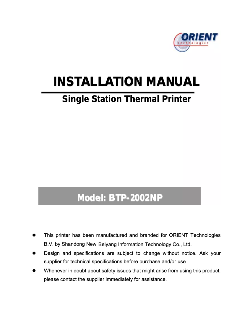 Page 1 of the manual User Manual Orient Technologies BTP-2002NP