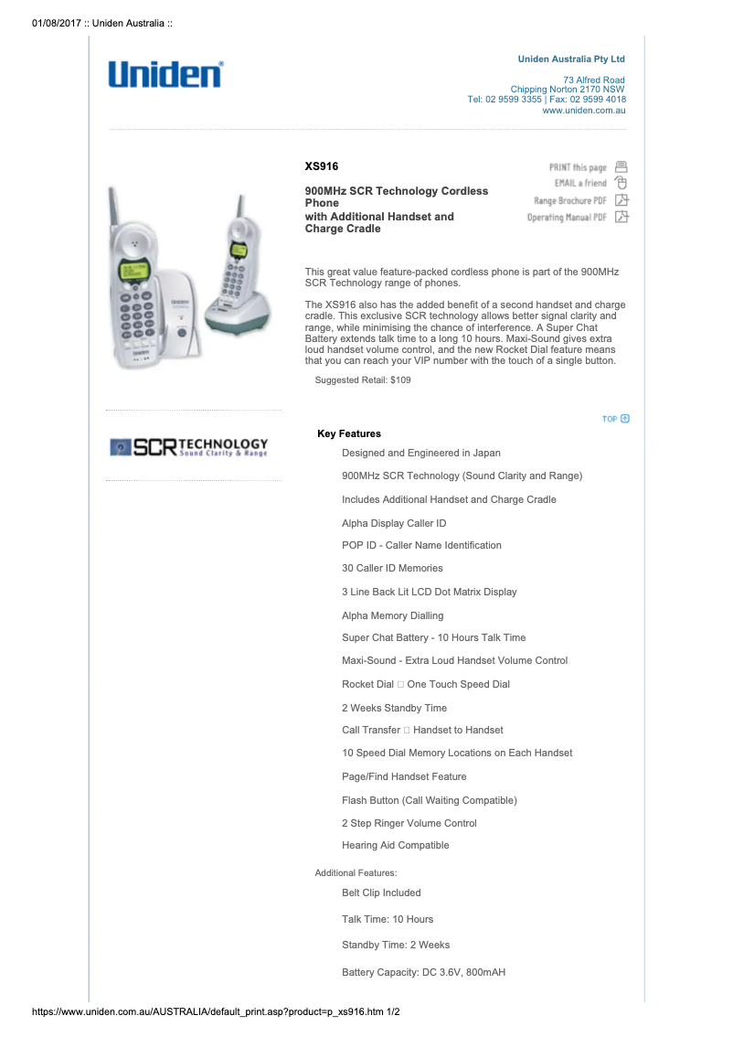 Page 1 of the manual User Manual Uniden XS 916