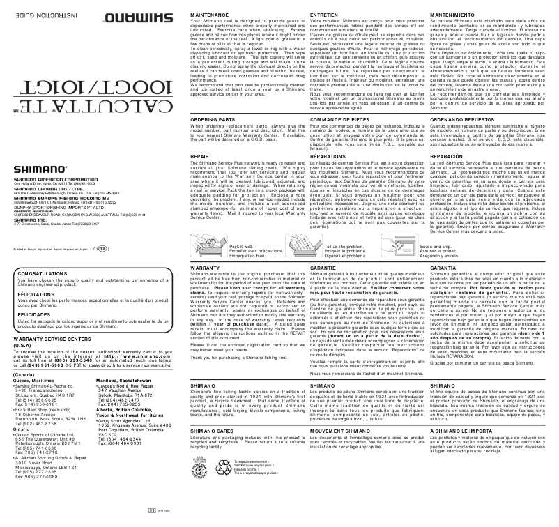 Page 1 of the manual User Manual Shimano Calcutta TE 101GT