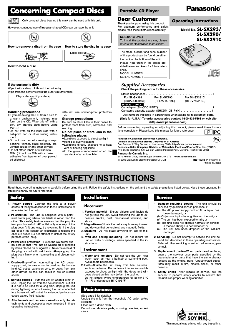 First page image of the manual for SL-SX291C