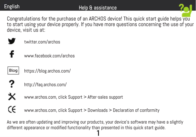Page 1 of the manual Quick Start Guide Archos 50b Cobalt Lite