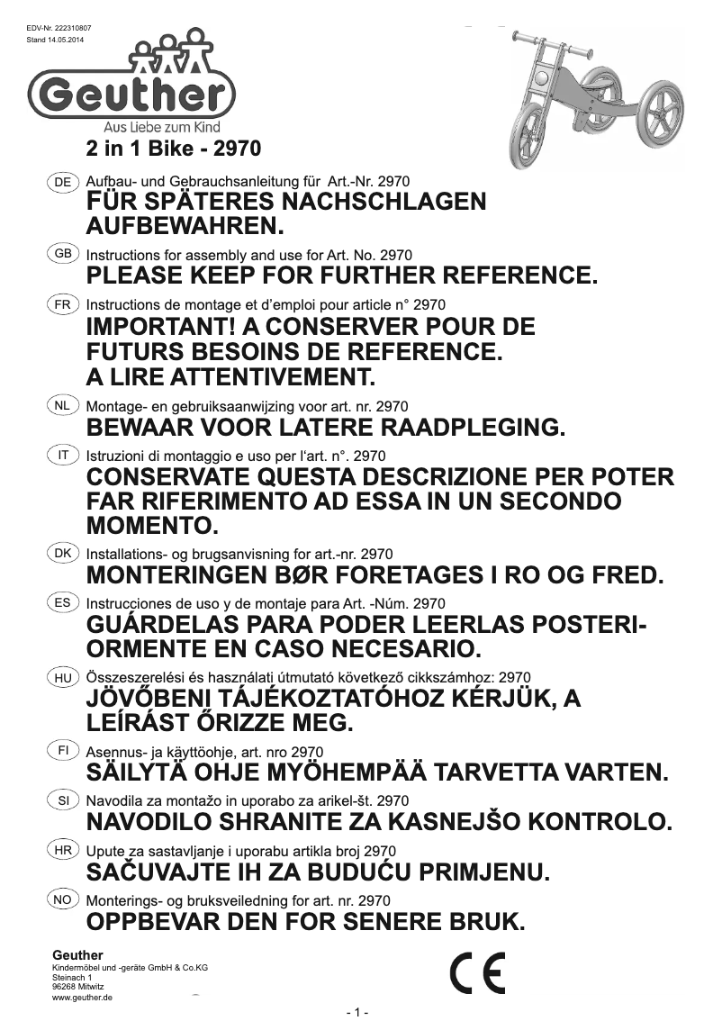 First page image of the manual for 2in1 Bike 2970