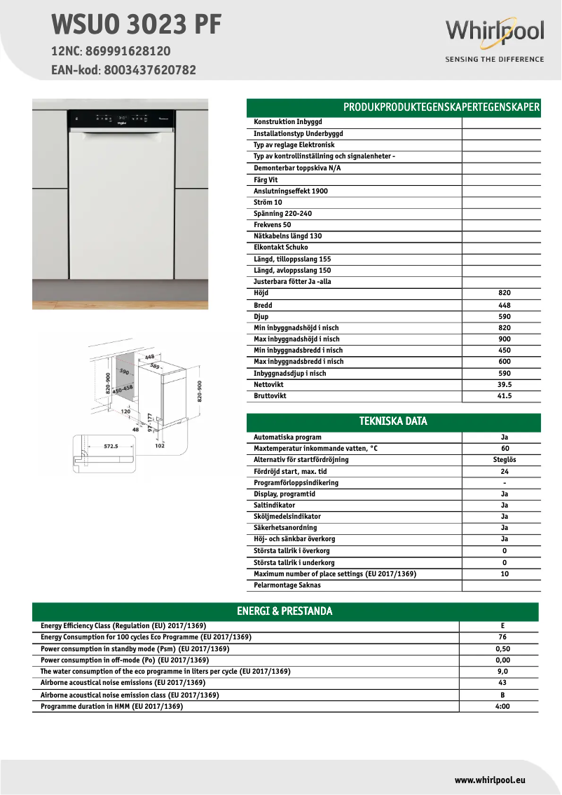 Page 1 of the manual Technical Sheet Whirlpool WSUO 3O23 PF