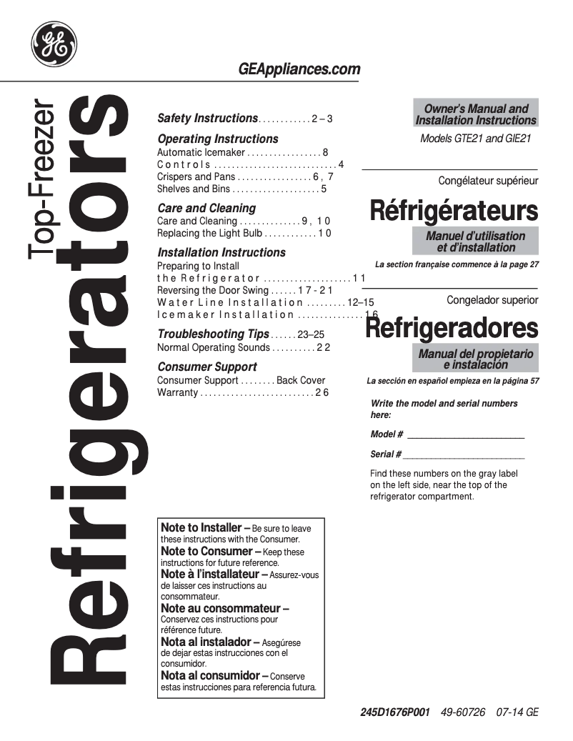 Page 1 of the manual Instruction Manual GE GTE21GTHCC