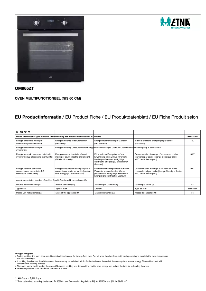 Page 1 of the manual Technical Sheet Etna OM965ZT
