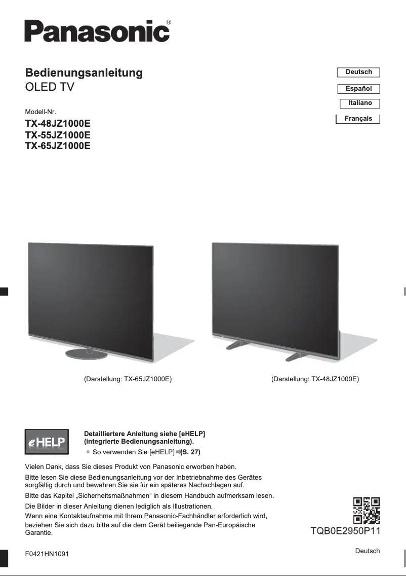 Page 1 of the manual Quick Start Guide Panasonic TX-65JZ1000E