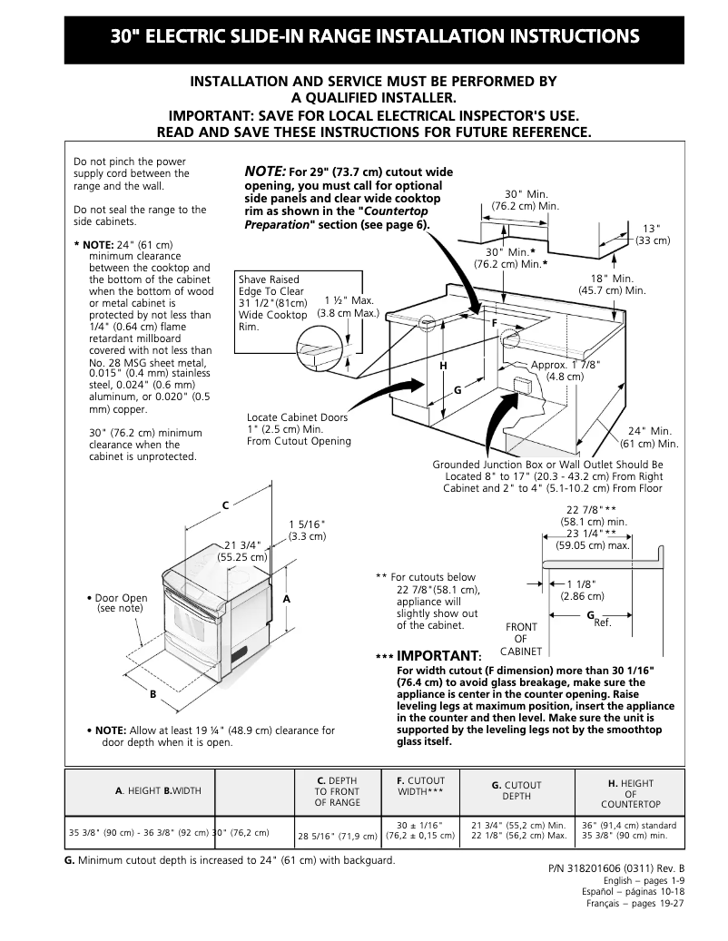 Page 1 of the manual Installation Guide Frigidaire FES367DC