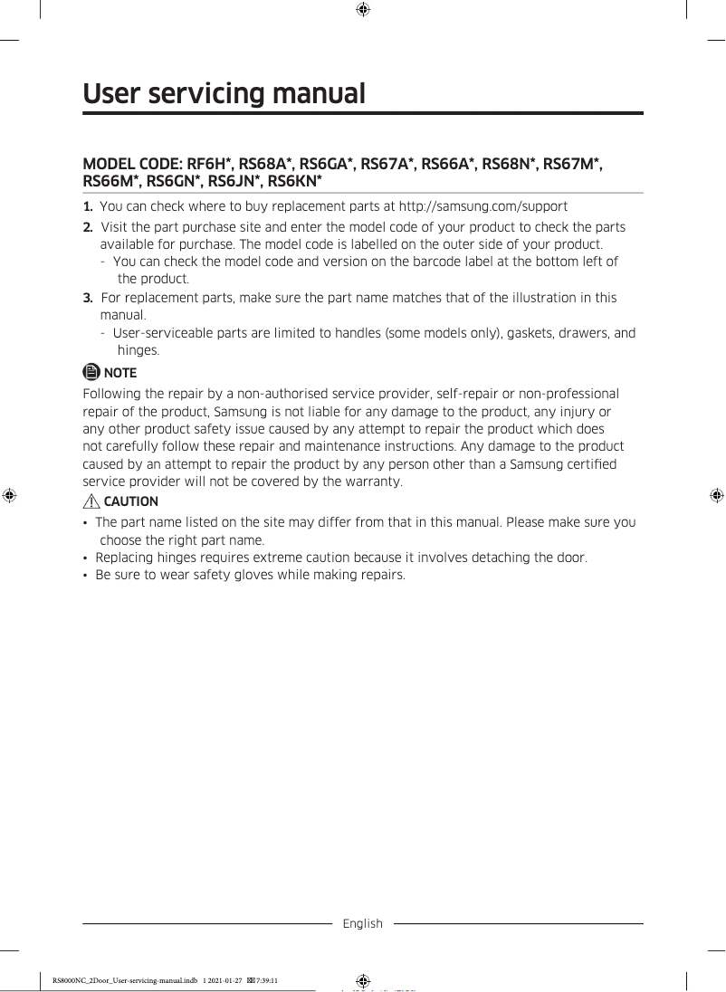 Page 1 of the manual User Manual Samsung RS68CG885EB1