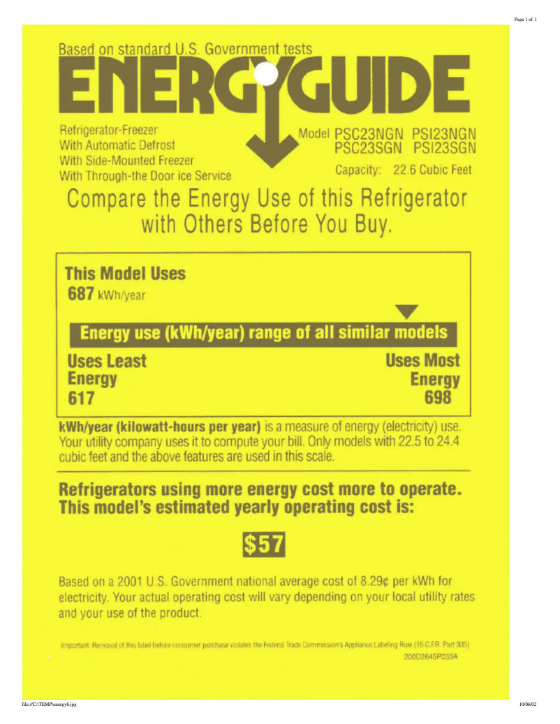 Page 1 of the manual Energy Label GE PSI23SCNBS