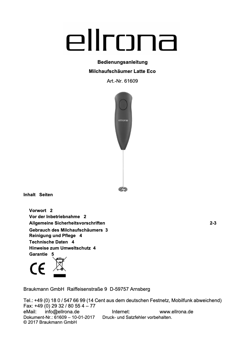 Page 1 of the manual User Manual Ellrona Latte Eco 61609