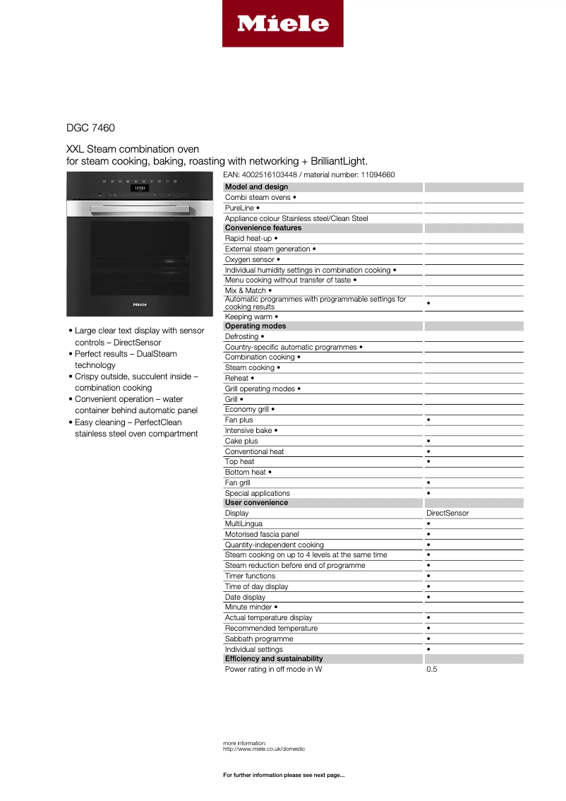 Page 1 of the manual Technical Sheet Miele DGC 7460