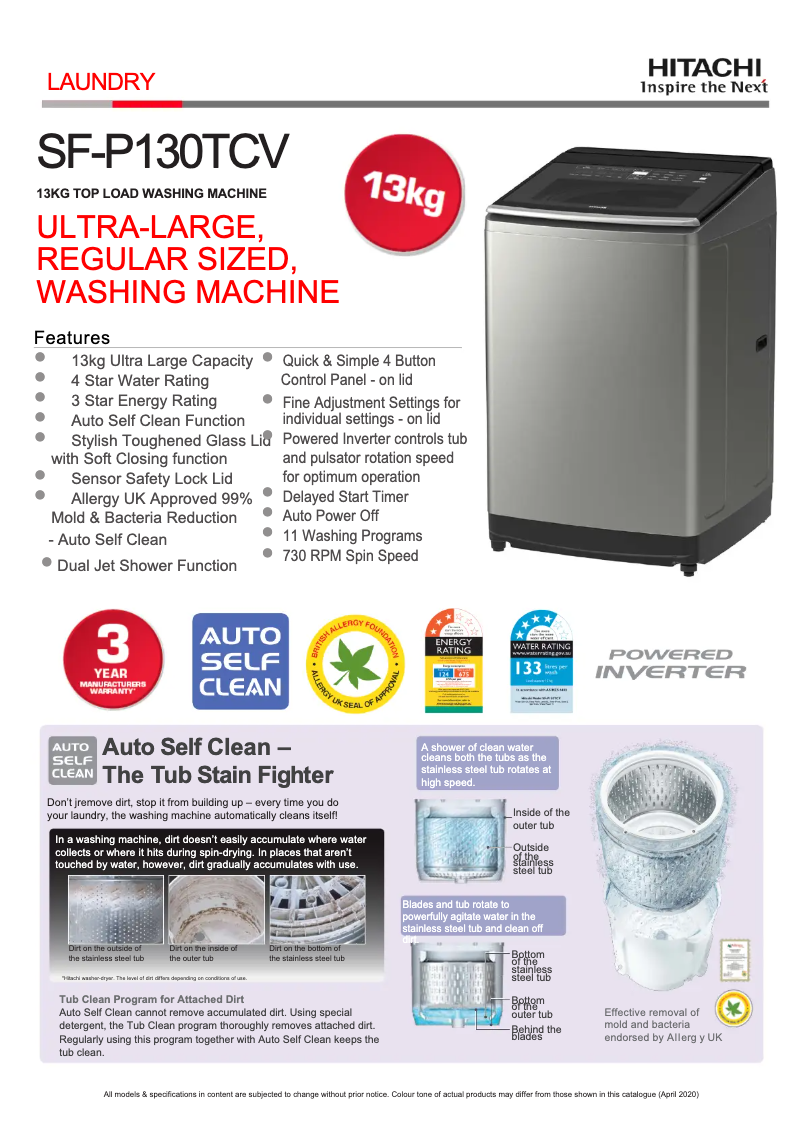 Page 1 of the manual Technical Sheet Hitachi SF-P130TCV