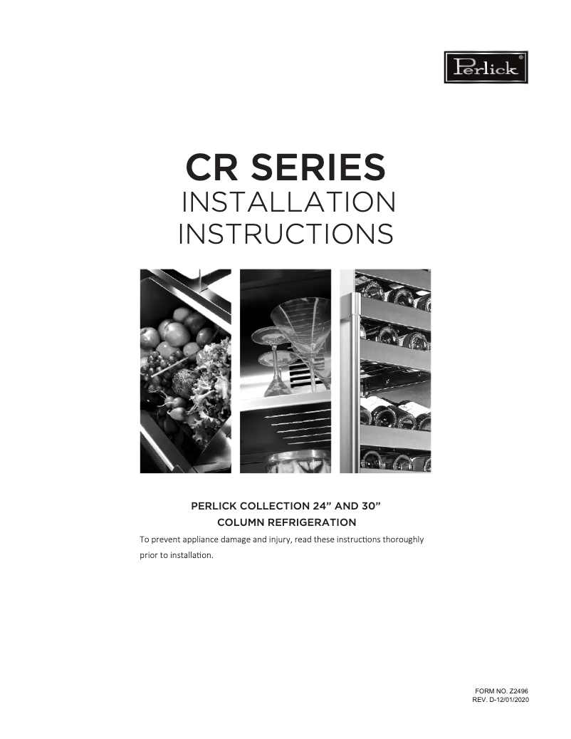 Page 1 of the manual Installation Guide Perlick CR24W-1-4L