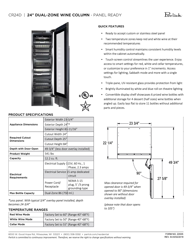 Page 1 of the manual Technical Sheet Perlick CR24D-1-4L