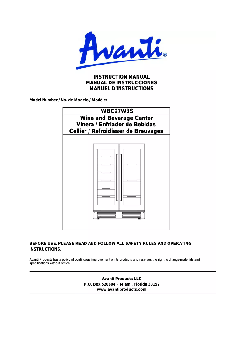 Page 1 of the manual User Manual Avanti WBC27W3S