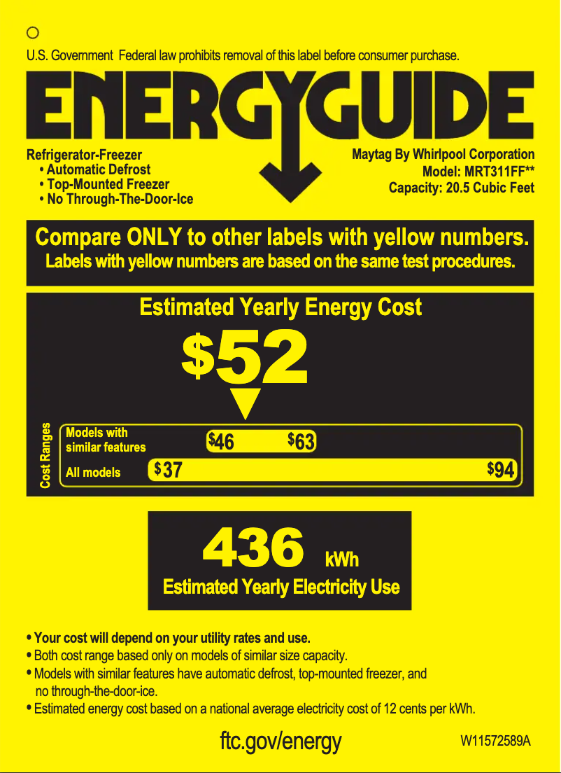 Page 1 of the manual Energy Label Maytag MRT311FFFE