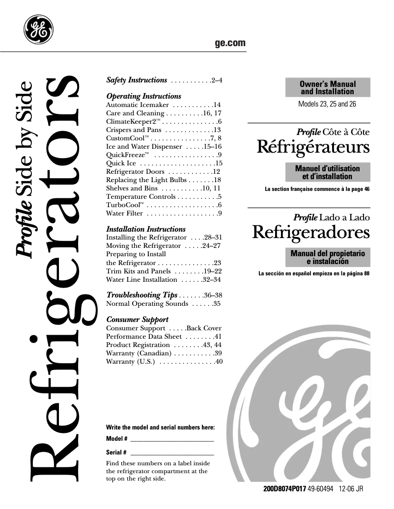 Page 1 of the manual Instruction Manual GE PSC23MSWSS
